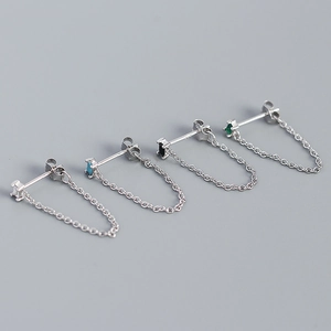 S925 silver chain earrings set with colorful zircon stones in a minimalist fringe style