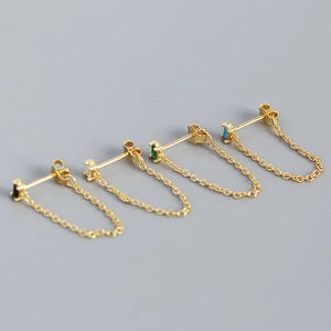 S925 silver gold chain tassel earrings set with colorful rectangular zircon gemstones
