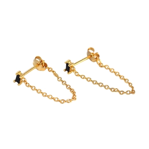 Minimalist S925 silver gold chain earrings with rectangular black zircon fringe style