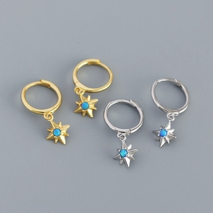 925 silver octagram hoop earrings with blue opal stones in gold and silver finish