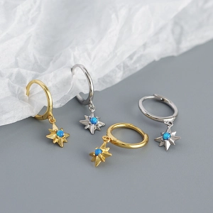 Minimalist 925 silver north star hoop earrings with opal center in gold and silver finish