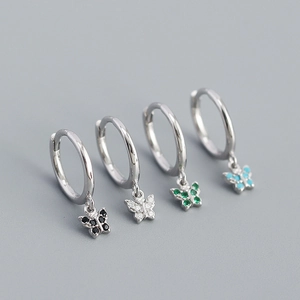S925 sterling silver butterfly hoop earrings with sparkling colorful crystal stones