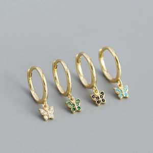 S925 silver gold-plated butterfly hoop earrings with colorful zircon inlays in four colors