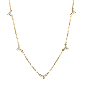 Elegant gold S925 silver necklace with five clusters of sparkling three-zircon stones