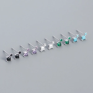 Set of S925 sterling silver geometric stud earrings with colorful square zircons