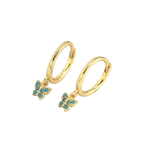 Elegant gold S925 silver hoop earrings featuring blue butterfly pendants with inlaid stones