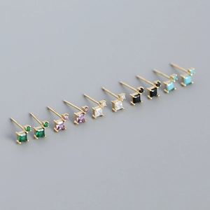 S925 sterling silver mini stud earrings set with colorful square zircon gemstones
