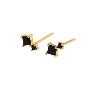 Chic S925 silver gold-plated geometric stud earrings with square and round black zircon