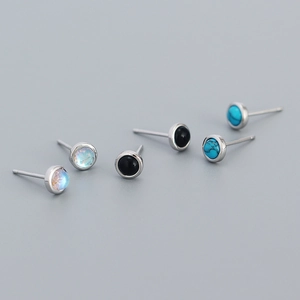 925 Sterling Silver Round Stud Earrings For Women Minimalist Geometric Moonstone Black Agate Turquoise Inlaid Earrings Jewelry