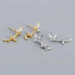 S925 sterling silver butterfly tassel earrings with sparkling zircon stones in gold and silver