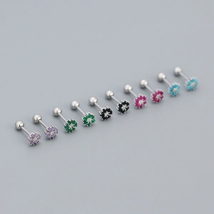 Pendientes de flor de plata S925 con circonitas de colores y cierre de rosca seguro