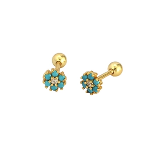 Pendientes de flores en plata S925 bañada en oro con piedras azules y cierre de rosca