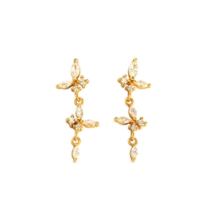 S925 silver butterfly tassel drop earrings with sparkling cubic zirconia in gold