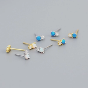 Minimalist S925 silver opal stud earrings with zirconia accents in gold and silver