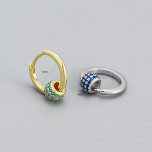 Macro view of 10mm S925 silver hoop earrings with 4mm turquoise and blue beads