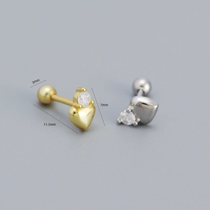 Detailed size chart showing 7mm heart earrings with dimensions in gold and silver