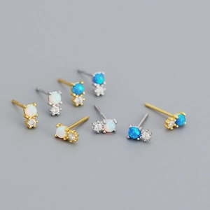 S925 Sterling Silver Minimalist Artificial Opal Stud Earrings For Women Tiny Geometric Round Rhinestone Earring Accessory