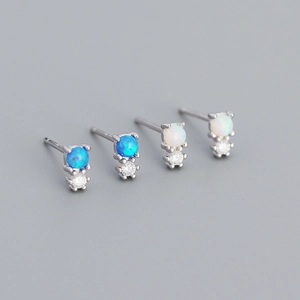 Minimalist S925 silver opal stud earrings with geometric cubic zirconia accents