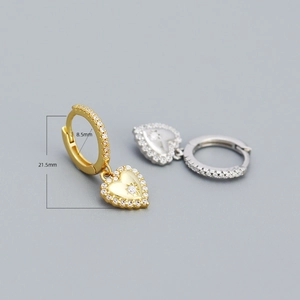Detailed view of heart earrings with dimensions showing 21.5mm length and 8.5mm inner diameter