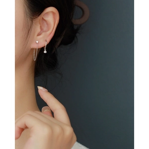 Close-up of S925 sterling silver tassel earrings with crystals on a female model