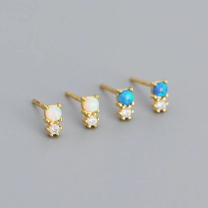 Minimalist S925 silver opal stud earrings with geometric cubic zirconia in gold plating