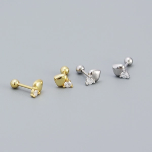 Minimalist S925 sterling silver heart stud earrings with cubic zirconia and screw backs