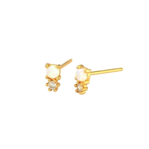 Minimalist S925 silver gold-plated opal stud earrings with cubic zirconia accents