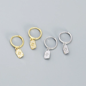 Minimalist S925 silver hoop earrings with engraved starburst rectangle charms