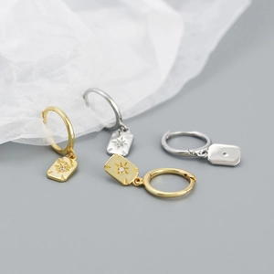 S925 silver geometric rectangular earrings with starburst engraving in gold and silver