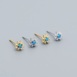 S925 sterling silver sunflower earrings with blue opal and diamonds in gold and silver
