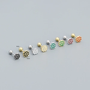 Detailed view of 5mm colorful daisy flower screw back earrings in gold and silver