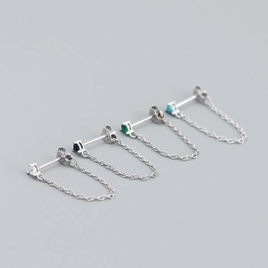 S925 sterling silver chain stud earrings set with multi-colored cubic zirconia stones