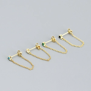 Set of four S925 silver gold-plated chain stud earrings with colorful crystals