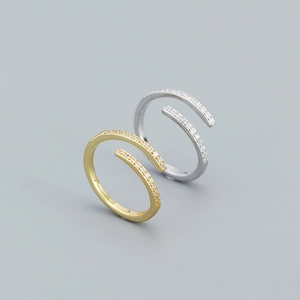 Minimalist S925 silver cross open ring with micro-set zircons in gold and silver