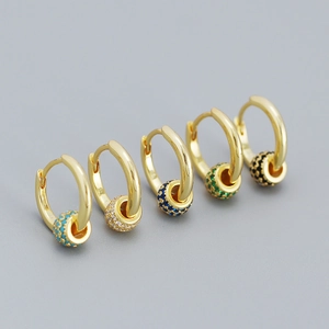 Five pairs of 925 silver gold hoop earrings with multi-colored cubic zirconia moving beads
