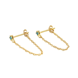 S925 sterling silver gold chain earrings featuring round turquoise blue gemstones