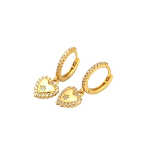 Gold heart drop earrings with starburst moissanite and pave cubic zirconia accents