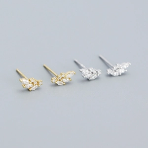 Sparkling S925 sterling silver leaf stud earrings with marquise-cut cubic zirconia crystals