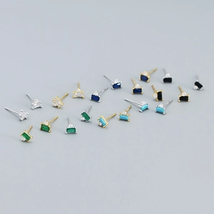 Minimalist s925 silver rectangle baguette stud earrings with colorful zircon gemstones