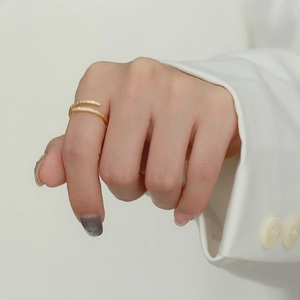 Detail of s925 silver double-row micro-set zircon ring with gold finish and open geometric design