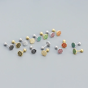 925 Sterling Silver Flower Stud Earrings Enamel Drip Oil Small Floral Screw Back Jewelry For Women Girls Daily Accessory