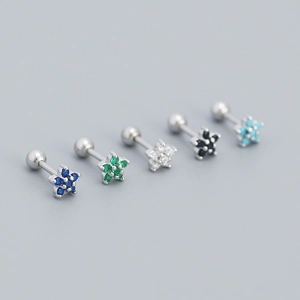 Set of five S925 silver flower stud earrings with colorful zircon and screw ball backs