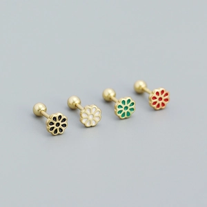 Elegant gold daisy earrings set with colorful enamel petals and secure ball screw backs