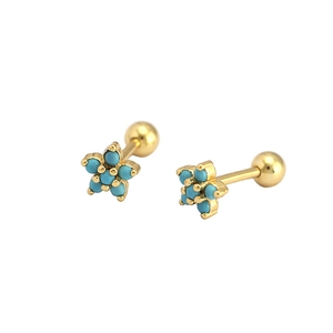 S925 silver flower stud earrings with blue zircon and gold plating in a detailed view