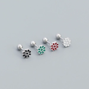 Set of four S925 silver flower stud earrings with colorful enamel and screw back closures