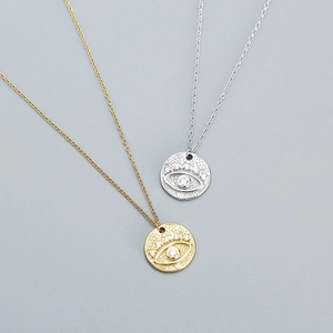 925 Sterlingsilber Böses Auge Anhänger Halskette Für Damen Retro Gehämmerte Runde Scheibe Strass Eingelegt Schlüsselbeinkette Schmuck Geschenk