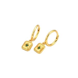Gold hoop earrings featuring octagonal star charm and green zircon in vintage style