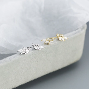 S925 silver leaf stud earrings with marquise-cut cubic zirconia in gold and silver finish