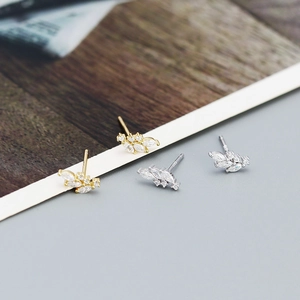 S925 silver leaf stud earrings with marquise cut cubic zirconia in gold and silver