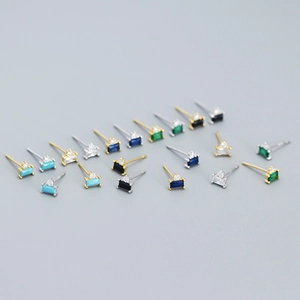 925 Sterling Silver Geometric Baguette Zirconia Stud Earrings For Women Minimalist Small Rectangular Zirconia Piercing Jewelry